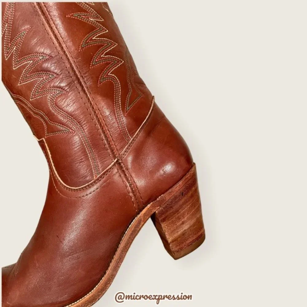 1990s VINTAGE Frye Billy Pull-On Cognac Leather Embroidered Festival Cowboy Boot